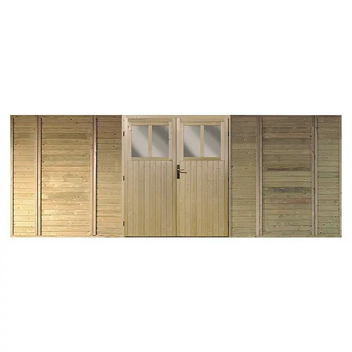 Karibu Vorderwand - B x H: 540 x 200 cm, Passend für: Karibu Doppelcarport, Kesseldruckimprägniert - Doppelte Holztür mit Fenster in einer Holzwand. Ideal für Gartenhäuser oder Schuppen mit natürlicher Optik und guter Verarbeitung.