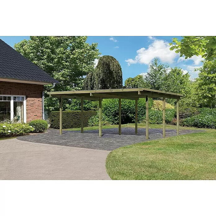 Karibu Carport Eco 1Außenmaß inkl. Dachüberstand (B x T): 5,63 x 4,9 m, Doppelcarport, Naturbelassen, Ohne Einfahrtsbogen