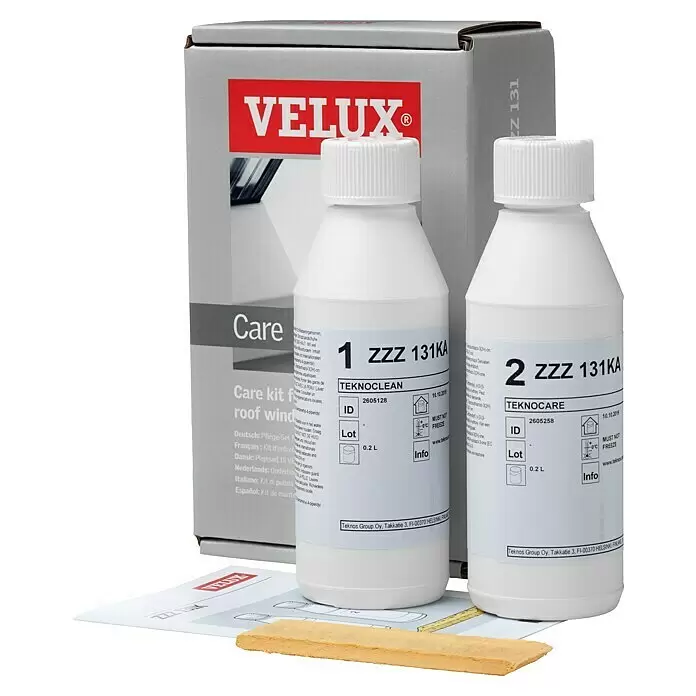 Velux Lackpflege-Set ZZZ 131KH - Passend für: VELUX Holzdachfenster weiß lackiert - VELUX Pflege-Kit für Dachfenster mit zwei weißen Flaschen, grauer Box und gelbem Schwamm.