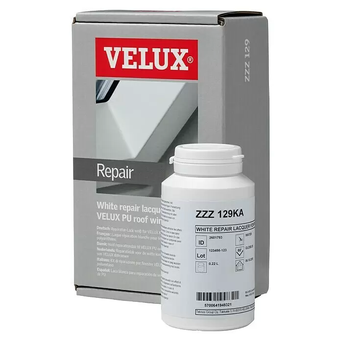 Velux Reparaturlack ZZZ 129KH - Passend für: VELUX Kunststoffdachfenster - Weißes VELUX Reparatur-Lack-Set für PU-Dachfenster, bestehend aus einer Box und einer kleinen Flasche.