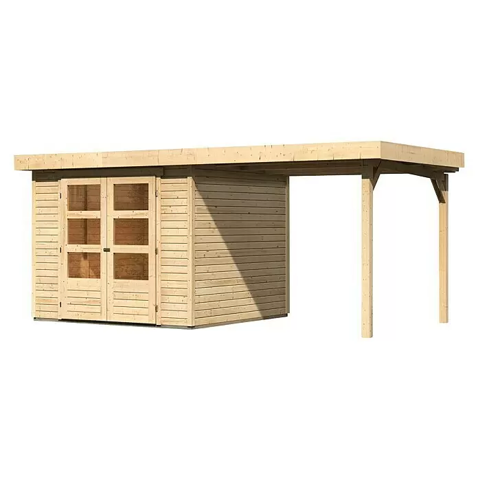 Karibu Gartenhaus Cuno 3 - Außenmaß inkl. Dachüberstand (B x T): 491 x 262 cm, Holz, Natur, Mit Seitendach - Helle Holzgartenlaube mit Doppeltür und Fenstern, mit integriertem offenem Carport-Anbau.
