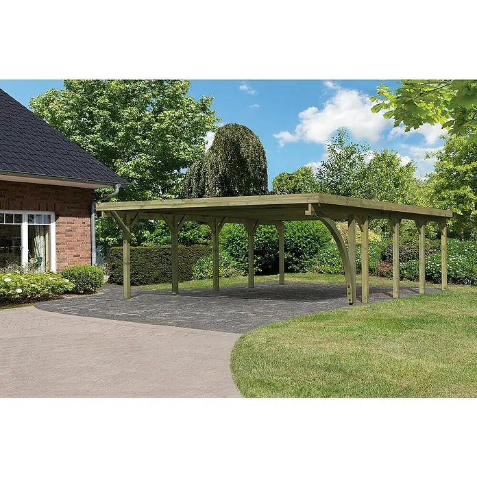 Karibu Carport ClassicAußenmaß inkl. Dachüberstand (B x T): 5,98 x 8,6 m, Doppelcarport, Naturbelassen, Farbe Dach: Rot/ Grau, Mit 1 Einfahrtsbogen - Geräumiger Carport aus Holz mit soliden Stützpfeilern und einem Flachdach, ideal zum Schutz von Fahrzeugen vor Witterungseinflüssen.
