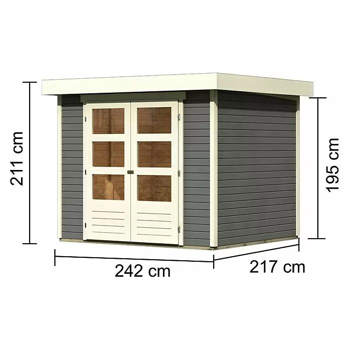 Karibu Gartenhaus Cuno 2 - Außenmaß inkl. Dachüberstand (B x T): 266 x 238 cm, Holz, Terragrau - Graues Gartenhaus aus Holz mit hellbeigen Zierleisten und Doppeltüren mit Fenstern.