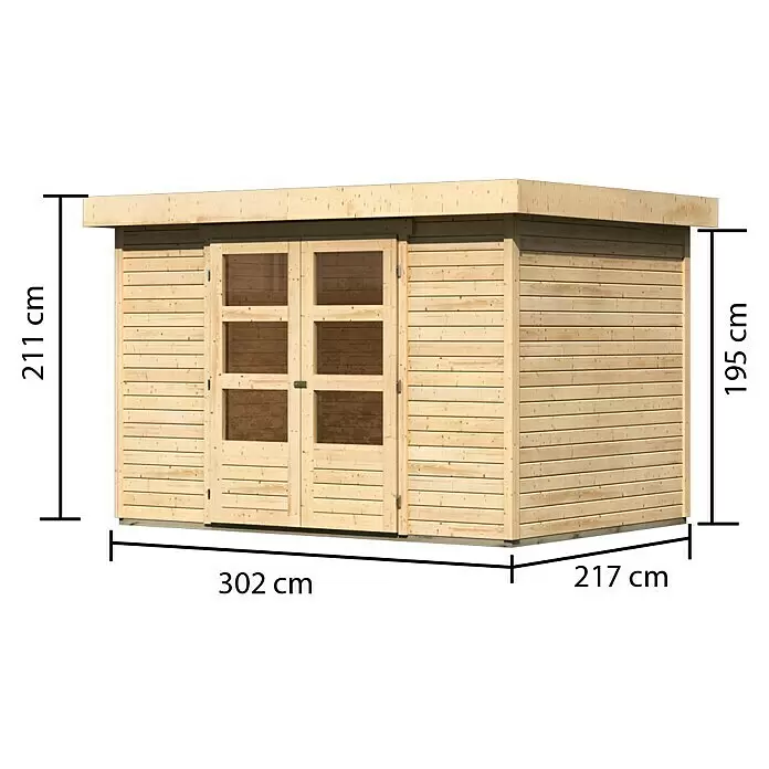 Karibu Gartenhaus Cuno 4 - Außenmaß inkl. Dachüberstand (B x T): 330 x 238 cm, Holz, Natur - Gartenschuppen aus hellem Holz mit Flachdach, Doppeltüren und Maßen: 302 cm Länge, 217 cm Tiefe, 211 cm und 195 cm Höhe.