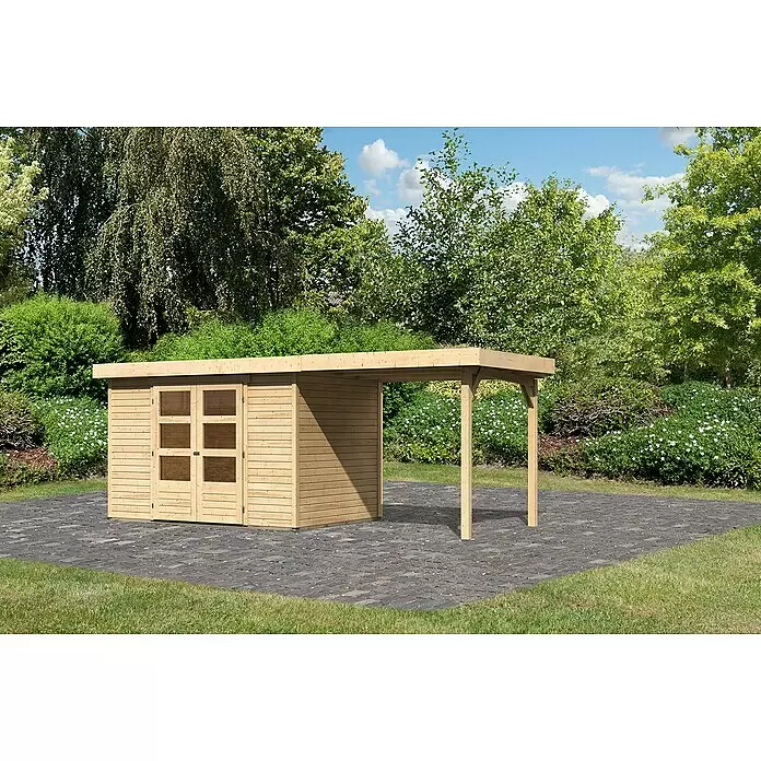 Karibu Gartenhaus Cuno 4 - Außenmaß inkl. Dachüberstand (B x T): 554 x 238 cm, Holz, Natur, Mit Seitendach - Heller Holzschuppen mit integriertem Carport auf gepflastertem Bereich.