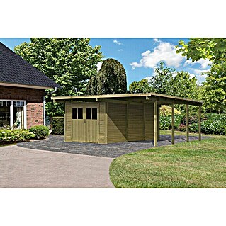 Karibu Carport Eco 2 (Außenmaß inkl. Dachüberstand (B x T): 5,63 x 6,76 m, Einzelcarport, Naturbelassen, Mit Gerätehaus und Seitenwand)