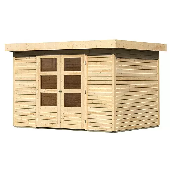 Karibu Gartenhaus Cuno 4 - Außenmaß inkl. Dachüberstand (B x T): 330 x 238 cm, Holz, Natur - Helles Gartenhaus aus Holz mit Doppeltür und Fensterscheiben sowie Flachdach.