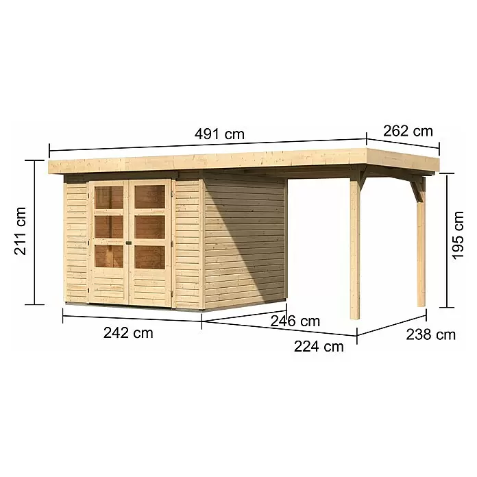 Karibu Gartenhaus Cuno 3 - Außenmaß inkl. Dachüberstand (B x T): 491 x 262 cm, Holz, Natur, Mit Seitendach - Holzhütte mit integriertem Carport, 491 cm lang. Schuppenhöhe 211 cm, Carporthöhe 195 cm.