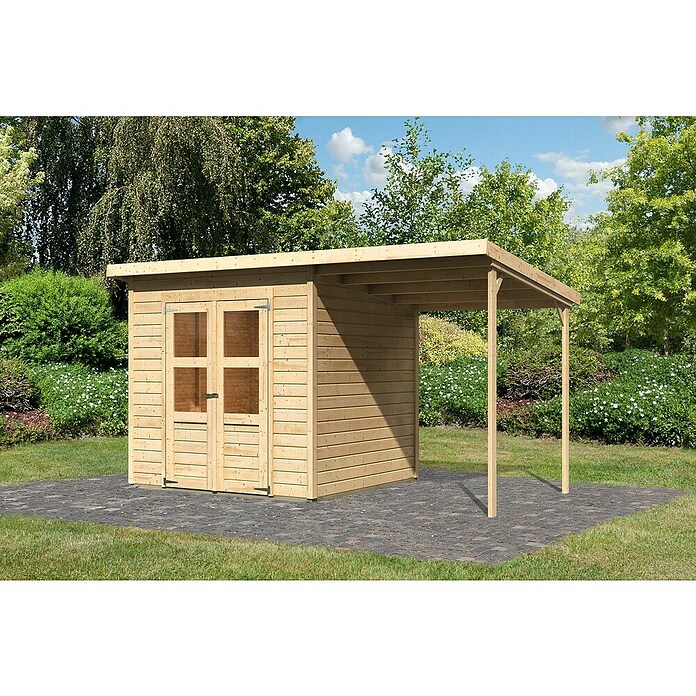Karibu Gartenhaus Timmo (Außenmaß inkl. Dachüberstand (B x T): 390 x 236 cm, Holz, Natur, Mit Anbau) | BAUHAUS