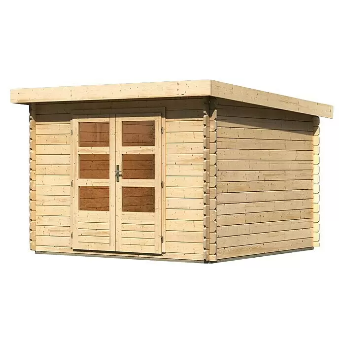 Karibu Gartenhaus Malta - Außenmaß inkl. Dachüberstand (B x T): 315 x 333 cm, Holz, Natur, Ohne Seitendach - Helles Holzgartenhaus mit Flachdach und Doppeltüren mit kleinen Fensterscheiben, aus Blockbohlen gefertigt.