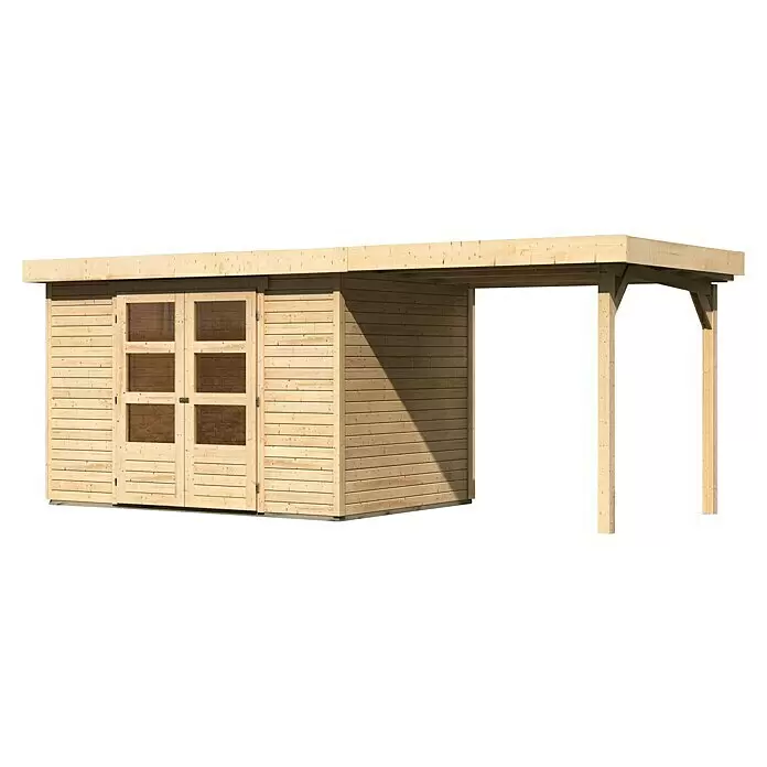 Karibu Gartenhaus Cuno 4 - Außenmaß inkl. Dachüberstand (B x T): 554 x 238 cm, Holz, Natur, Mit Seitendach - Gartenhaus aus hellem Naturholz mit integriertem Seitenanbau.