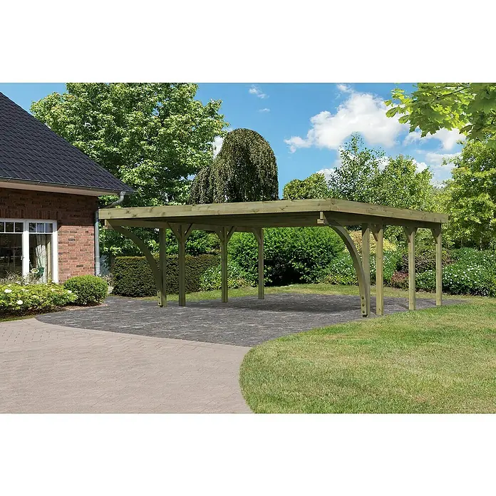 Karibu Carport Classic 2Außenmaß inkl. Dachüberstand (B x T): 5,98 x 6,7 m, Doppelcarport, Naturbelassen, Grau, Mit 2 Einfahrtsbögen - Grüne Holz-Überdachung mit Flachdach im Garten, die als Carport oder Unterstand für Gartenmöbel dienen kann.