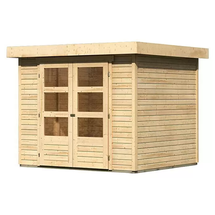 Karibu Gartenhaus Cuno 2 - Außenmaß inkl. Dachüberstand (B x T): 266 x 238 cm, Holz, Natur - Helles Holz-Gartenhaus mit Doppeltür, Glasfenstern und Flachdach.