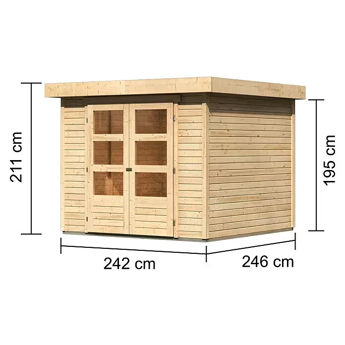 Karibu Gartenhaus Cuno 3 - Außenmaß inkl. Dachüberstand (B x T): 266 x 262 cm, Holz, Natur - Heller Holzgartenhaus mit Doppeltüren und Fenstern, mit Maßen (242x246x211 cm) dargestellt.