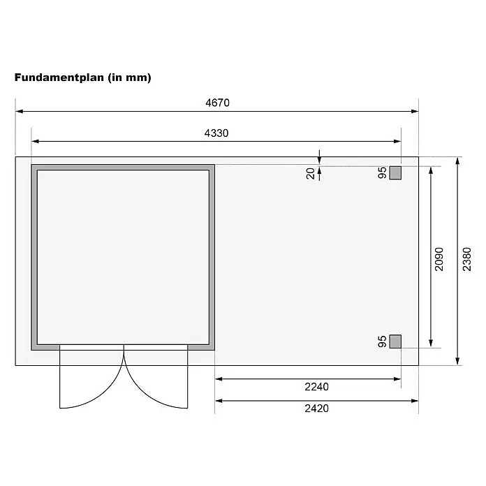 Karibu Gartenhaus Cuno 1 - Außenmaß inkl. Dachüberstand (B x T): 467 x 238 cm, Holz, Natur, Mit Seitendach - Skizze