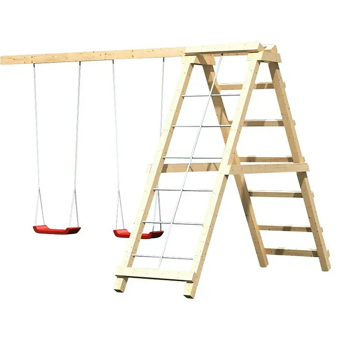 Karibu Erweiterungsmodul für Schaukel Doppelschaukel - Holz, Natur - Ein hölzernes Schaukelgerüst mit rotem Sitz und Kletterleiter. Ideal für den Garten und zum Spielen im Freien.