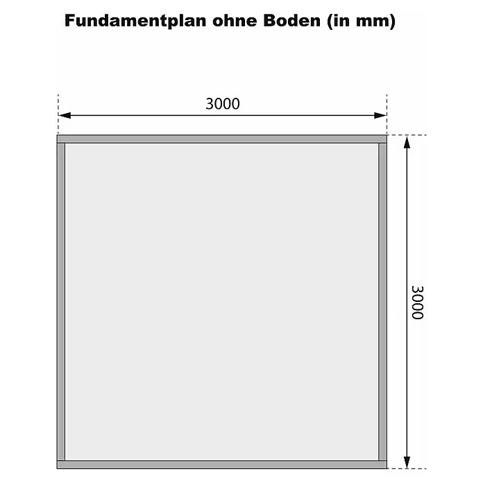 Karibu Gartenhaus Berlo 4 - Außenmaß inkl. Dachüberstand (B x T): 330 x 330 cm, Holz, Natur - Fundamentplan, quadratisch, Maße 3000x3000 mm.