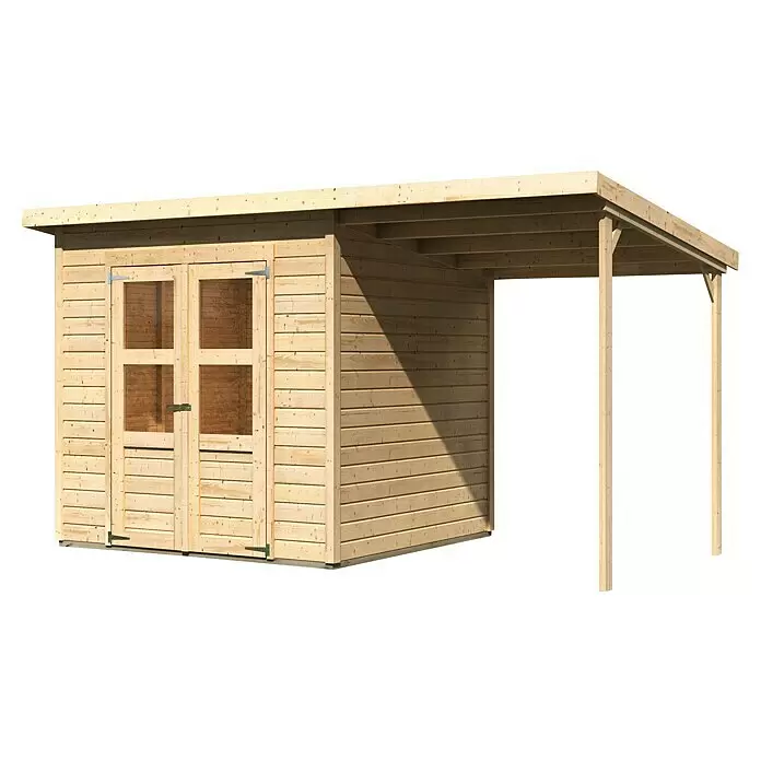 Karibu Gartenhaus Timmo - Außenmaß inkl. Dachüberstand (B x T): 390 x 236 cm, Holz, Natur, Mit Anbau - Diagonale Ansicht