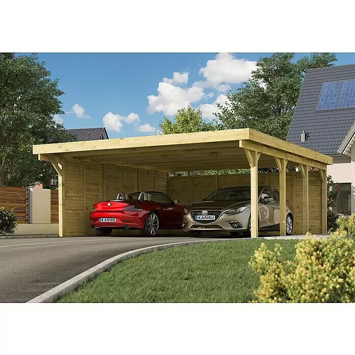Karibu Carport Classic 2Außenmaß inkl. Dachüberstand (B x T): 5,98 x 6,7 m, Doppelcarport, Naturbelassen, Grau, Ohne Einfahrtsbogen