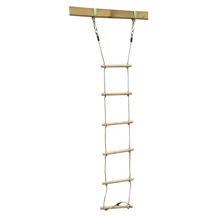 Karibu Schaukelsitz Set - Mehrfarbig, 5 -tlg. - Holzseilleiter mit Naturholzsprossen und hellem Seil, an einem Holzbalken befestigt.