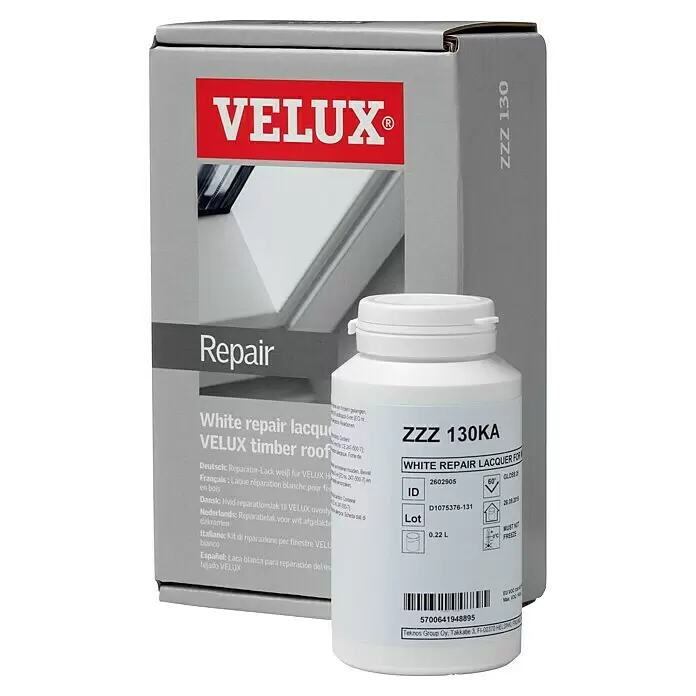 Velux Reparaturlack ZZZ 130KH - Passend für: VELUX Holzdachfenster weiß lackiert - VELUX weißer Reparaturlack für Holz-Dachfenster, Set aus Karton und Behälter.