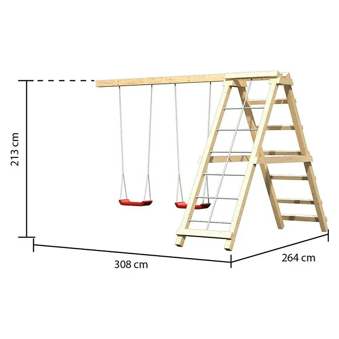 Karibu Erweiterungsmodul für Schaukel Doppelschaukel - Holz, Natur - Abbildung eines Kinderspielplatzes mit Schaukeln und einer Kletterwand mit den Maßen 213 cm Höhe, 308 cm Länge und 264 cm Breite.