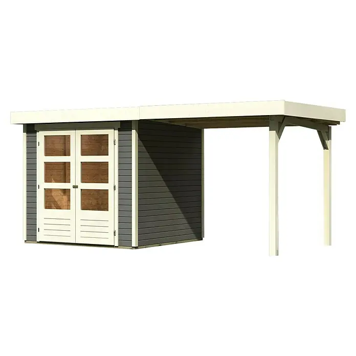 Karibu Gartenhaus Cuno 1 - Außenmaß inkl. Dachüberstand (B x T): 467 x 238 cm, Holz, Terragrau, Mit Seitendach - Geräumiges Gartenhaus mit Doppeltür und überdachtem Bereich, ideal zur Aufbewahrung von Gartengeräten und zum Entspannen im Freien.