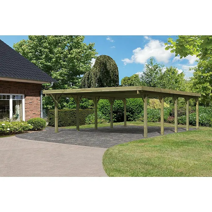 Karibu Carport ClassicAußenmaß inkl. Dachüberstand (B x T): 5,98 x 8,6 m, Doppelcarport, Naturbelassen, Farbe Dach: Rot/ Grau, Ohne Einfahrtsbogen - Geräumiger Holzcarport mit Flachdach für den Garten, ideal als Unterstand für Fahrzeuge oder als überdachter Sitzbereich im Freien.