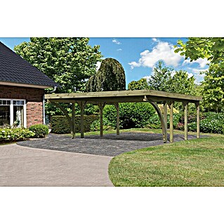 Karibu Carport Classic 2 (Außenmaß inkl. Dachüberstand (B x T): 5,98 x 6,7 m, Doppelcarport, Naturbelassen, Rot/ Grau, Mit 2 Einfahrtsbögen)