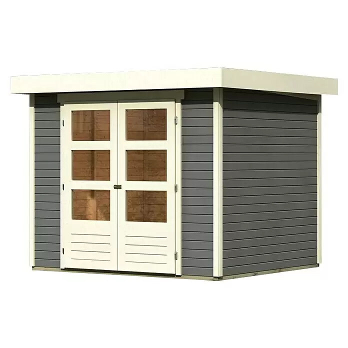 Karibu Gartenhaus Cuno 2 - Außenmaß inkl. Dachüberstand (B x T): 266 x 238 cm, Holz, Terragrau - Graues Gartenhaus mit cremefarbenen Zierleisten und Doppeltüren mit Glasscheiben.