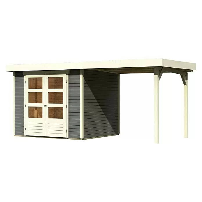 Karibu Gartenhaus Cuno 2 - Außenmaß inkl. Dachüberstand (B x T): 491 x 238 cm, Holz, Terragrau, Mit Seitendach - Dunkelgrauer Holzgartenschuppen mit hellbeigen Doppeltüren und integriertem, offenem Carport.