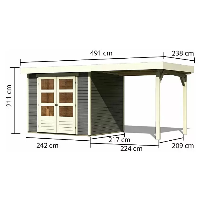 Karibu Gartenhaus Cuno 2 - Außenmaß inkl. Dachüberstand (B x T): 491 x 238 cm, Holz, Terragrau, Mit Seitendach - Grauer Holzgartenhaus mit heller Verkleidung und integriertem Carport auf Pfosten.