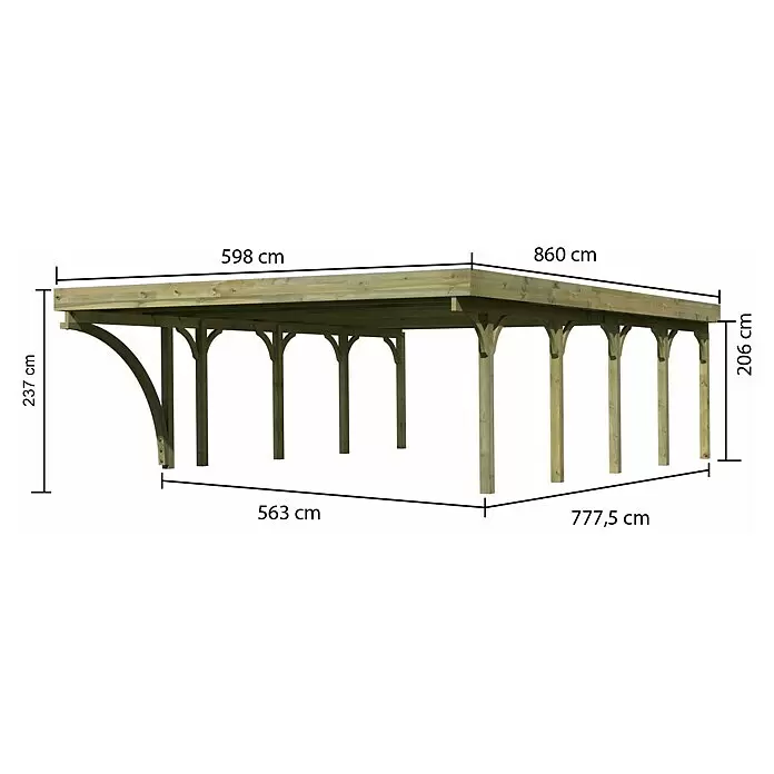 Karibu Carport ClassicAußenmaß inkl. Dachüberstand (B x T): 5,98 x 8,6 m, Doppelcarport, Naturbelassen, Farbe Dach: Rot/ Grau, Mit 1 Einfahrtsbogen