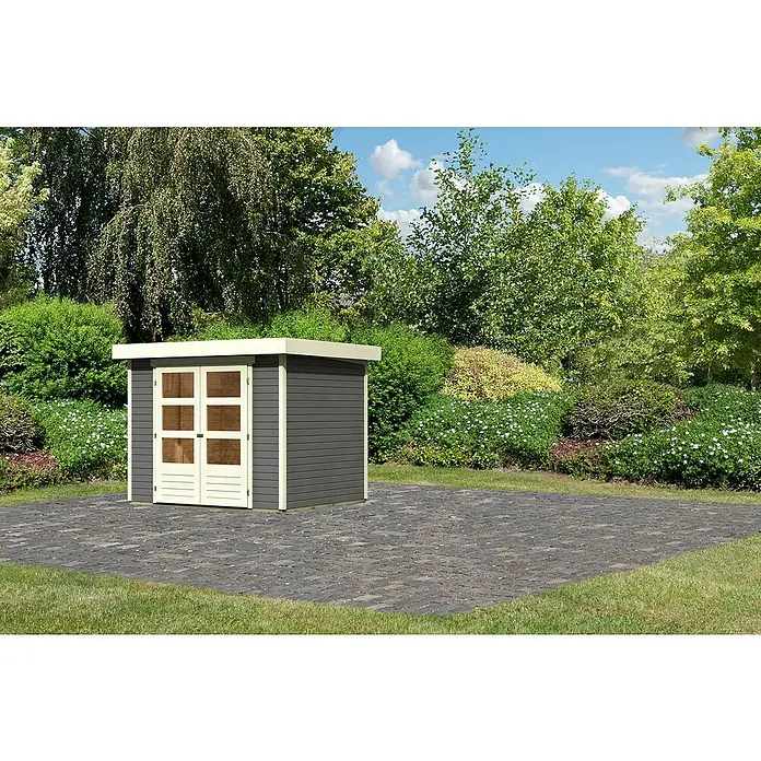 Karibu Gartenhaus Cuno 2 - Außenmaß inkl. Dachüberstand (B x T): 266 x 238 cm, Holz, Terragrau - Grauer Gartenschuppen mit Doppeltür aus Holz und hellen Akzenten vor üppigem Grün.
