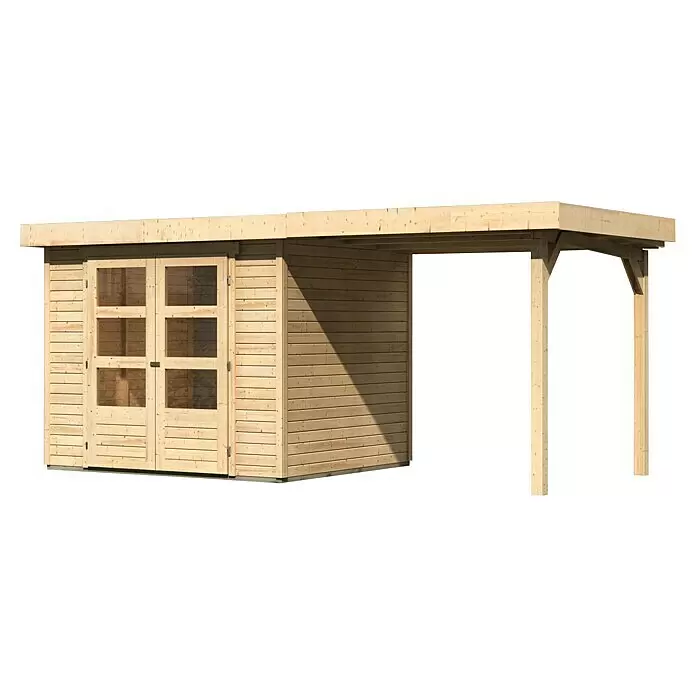 Karibu Gartenhaus Cuno 2 - Außenmaß inkl. Dachüberstand (B x T): 491 x 238 cm, Holz, Natur, Mit Seitendach - Diagonale Ansicht