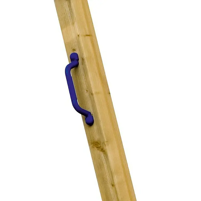 Karibu Handgriff - Kunststoff - Detailansicht eines hölzernen Klettergerüsts mit blauem Haltegriff für Kinder, ideal für den Garten und Spielplätze.