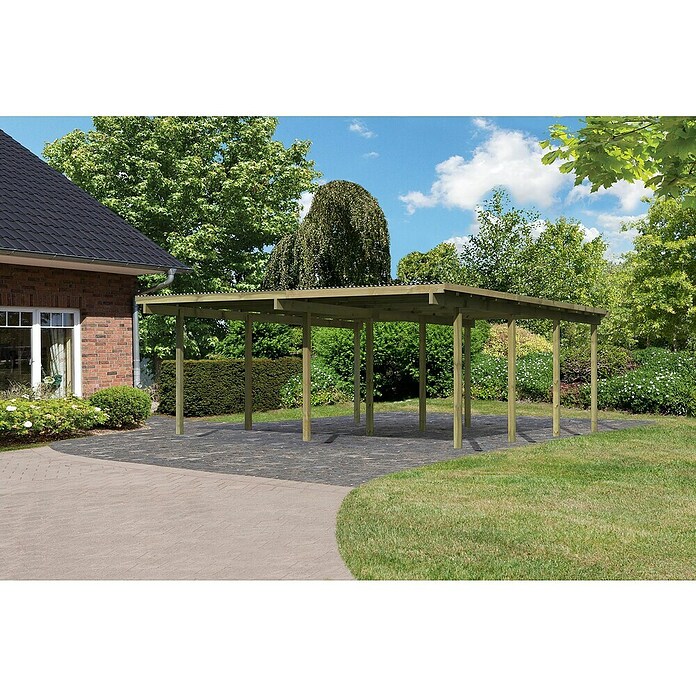 Karibu Carport Eco 2 (Außenmaß inkl. Dachüberstand (B x T): 5,63 x 6,76 m, Doppelcarport, Naturbelassen, Ohne Einfahrtsbogen) | BAUHAUS