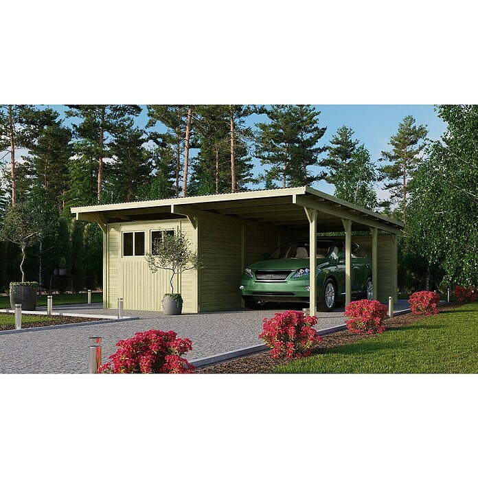 Karibu Carport Eco 2 (Außenmaß inkl. Dachüberstand (B x T): 5,63 x 6,76 m, Einzelcarport, Naturbelassen, Mit Gerätehaus, Seiten- und Rückwand) | BAUHAUS