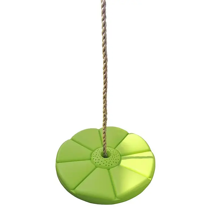 Karibu Schaukelsitz Set - Mehrfarbig, 5 -tlg. - Hier ist eine Nahaufnahme einer runden, grünen Baumschaukel mit einem braunen Seil zum Aufhängen im Freien.