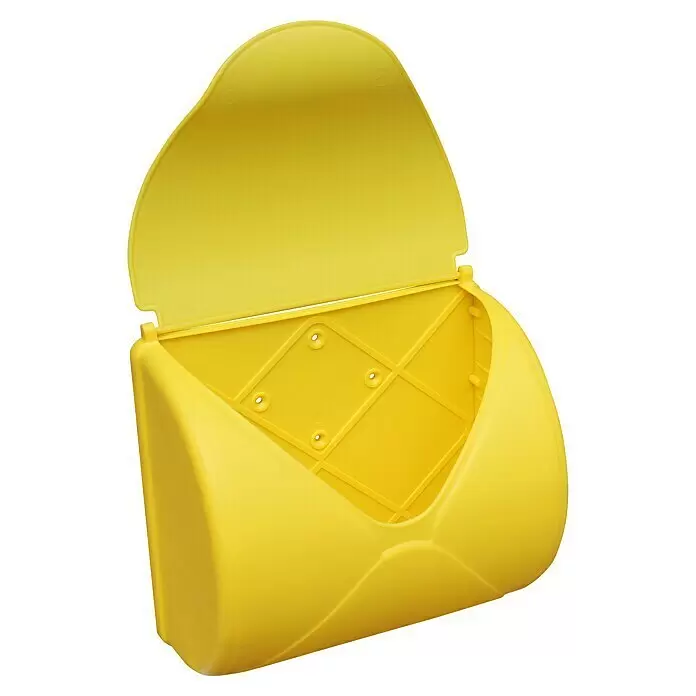 Karibu Briefkasten - Kunststoff, L x B x H: 25 x 23,3 x 14 cm - Gelber Wandspender aus Kunststoff mit geöffnetem Deckel, innen Befestigungslöcher sichtbar.