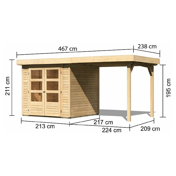 Karibu Gartenhaus Express 3 (Außenmaß inkl. Dachüberstand (B x T): 467 x 238 cm, Holz, Naturbelassen, Mit Anbau) | BAUHAUS