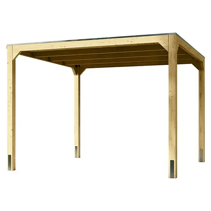Karibu Pavillon Cubus - Holz, Natur - Detailansicht eines hölzernen Pavillons mit einem Flachdach und vier stabilen Pfosten, ideal für den Garten oder die Terrasse.