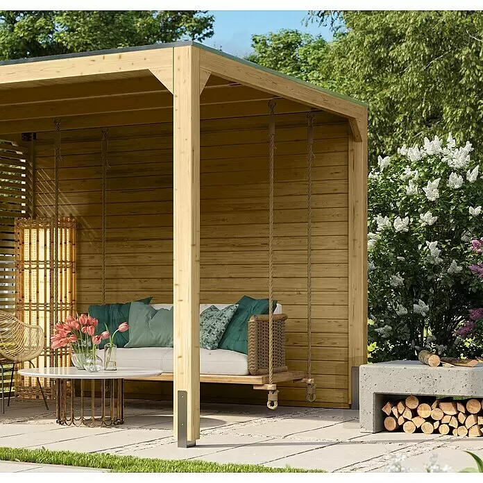 Karibu Seitenwand - Passend für: Karibu Gartenpavillon Cubus, Natur - Holzpergola im Garten, die Schatten für eine Schaukelbank spendet.
