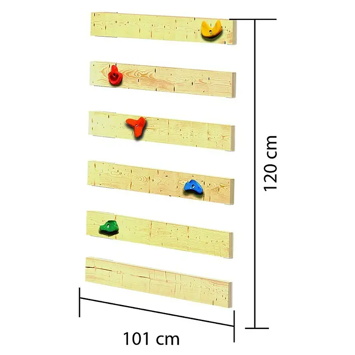 Karibu Kletterwand - Holz, Natur - Kletterwand aus Holz mit farbigen Klettergriffen und Maßangaben für Höhe (120cm) und Breite (101cm).