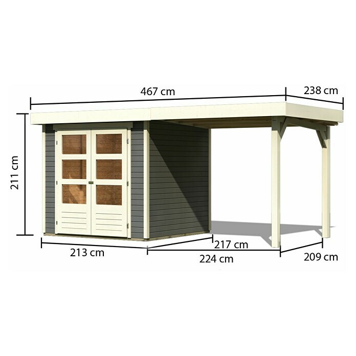 Karibu Gartenhaus Express 3 (Außenmaß inkl. Dachüberstand (B x T): 467 x 238 cm, Holz, Terragrau, Mit Anbau) | BAUHAUS