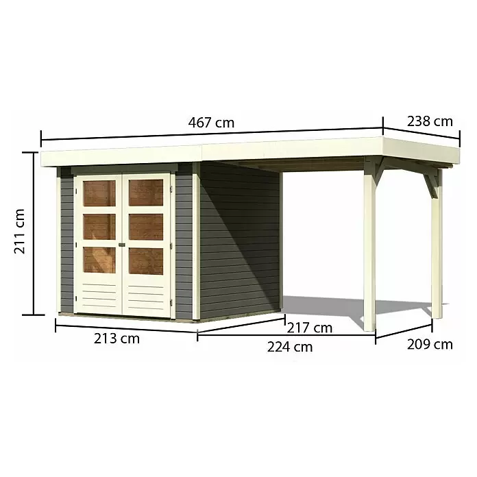 Karibu Gartenhaus Cuno 1 - Außenmaß inkl. Dachüberstand (B x T): 467 x 238 cm, Holz, Terragrau, Mit Seitendach - Skizze