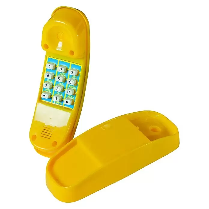 Karibu Schnurlostelefon - Gelb, Kunststoff - Gelbes Spielzeugtelefon mit Tastenfeld, zerlegt in Hörer und Basis.