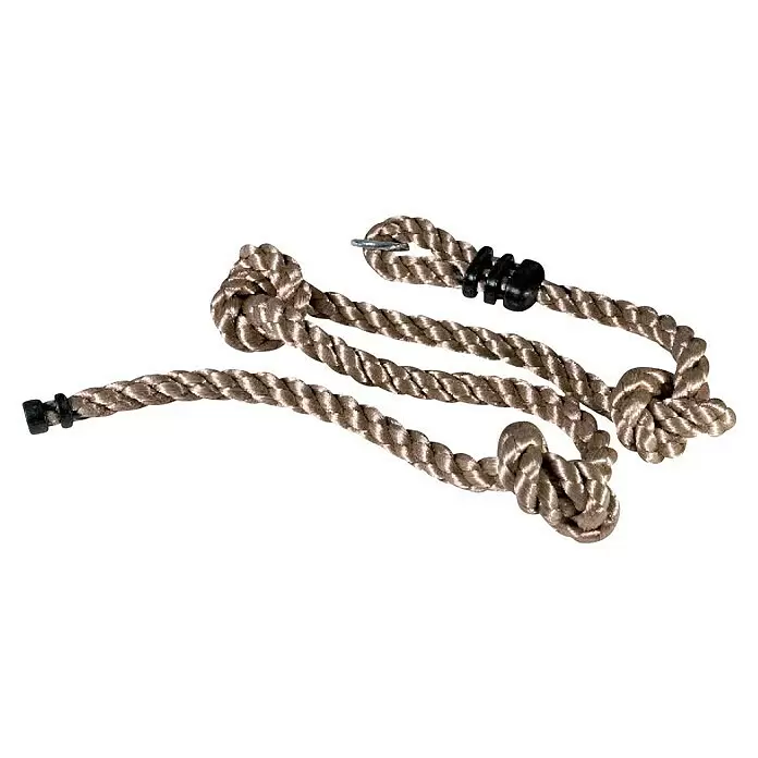 Karibu Schaukelsitz Set - Mehrfarbig, 5 -tlg. - Geflochtenes beiges Seil mit Knoten und schwarzen Kunststoffbeschlägen.