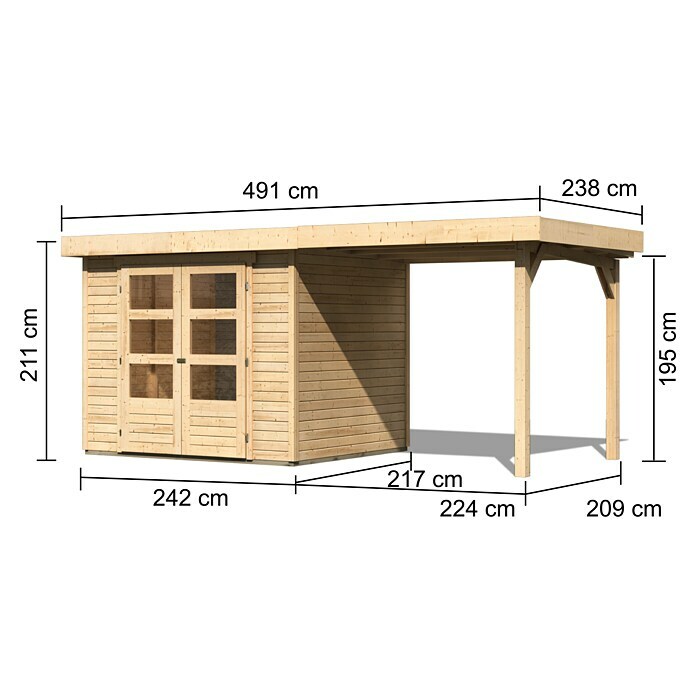 Karibu Gartenhaus Cuno 2 (Außenmaß inkl. Dachüberstand (B x T): 491 x 238 cm, Holz, Natur, Mit Seitendach) | BAUHAUS