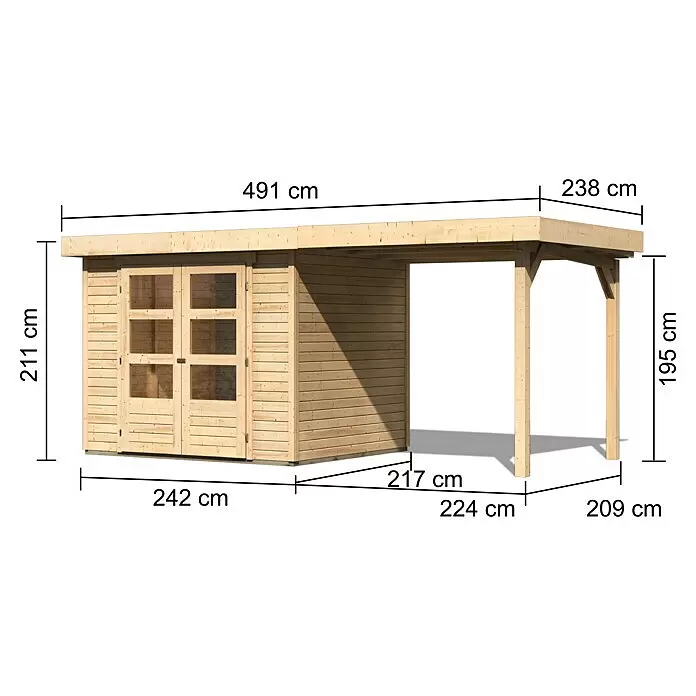 Karibu Gartenhaus Cuno 2 - Außenmaß inkl. Dachüberstand (B x T): 491 x 238 cm, Holz, Natur, Mit Seitendach - Skizze